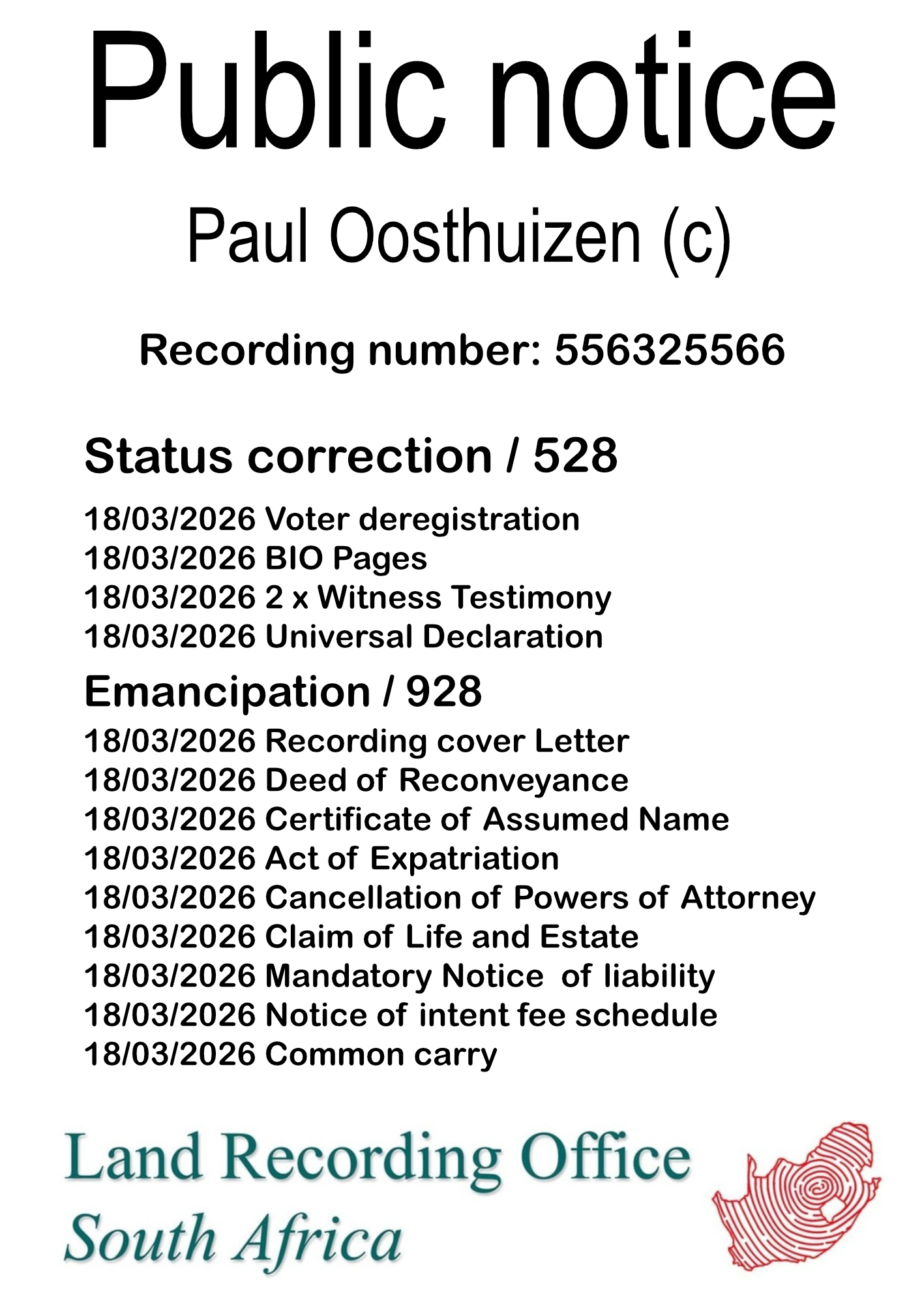 Public notice Paul Oosthuizen (c) Recording number 556325566